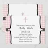 Pearl Cross Pink Black Damask Christening Kaart (Voorkant / Achterkant)