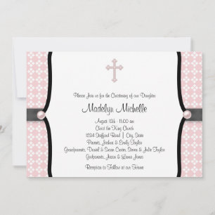 Pearl Cross Pink Black Damask Christening Kaart