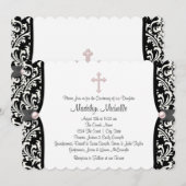 Pearl Cross Pink Black Damask Christening Kaart (Voorkant / Achterkant)