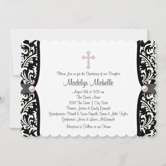 Pearl Cross Pink Black Damask Christening Kaart (Voorkant)