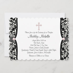 Pearl Cross Pink Black Damask Christening Kaart