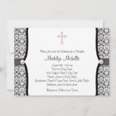 Pearl Cross Pink Black Damask Christening Kaart (Voorkant)