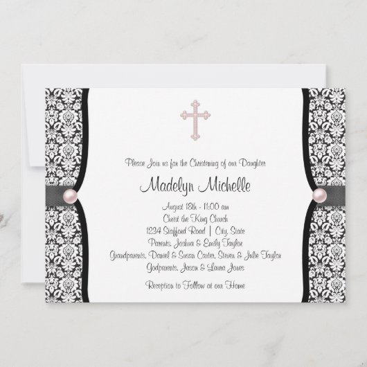Pearl Cross Pink Black Damask Christening Kaart (Voorkant)