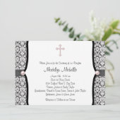 Pearl Cross Pink Black Damask Christening Kaart (Staand voorkant)