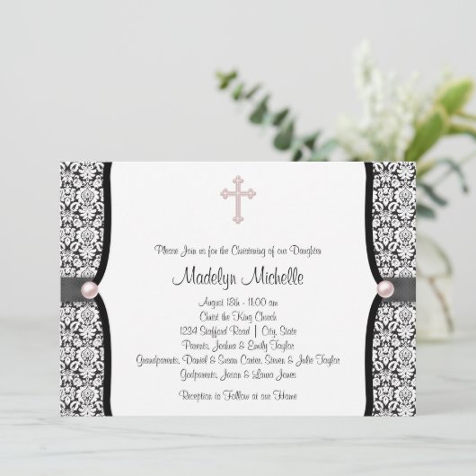 Pearl Cross Pink Black Damask Christening Kaart (Staand voorkant)