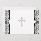 Pearl Cross Pink Black Damask Christening Kaart (Achterkant)