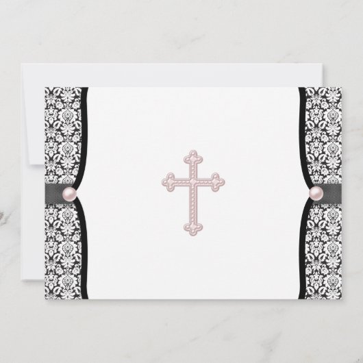 Pearl Cross Pink Black Damask Christening Kaart (Achterkant)