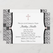 Pearl Cross Pink Black Damask Christening Kaart (Voorkant / Achterkant)