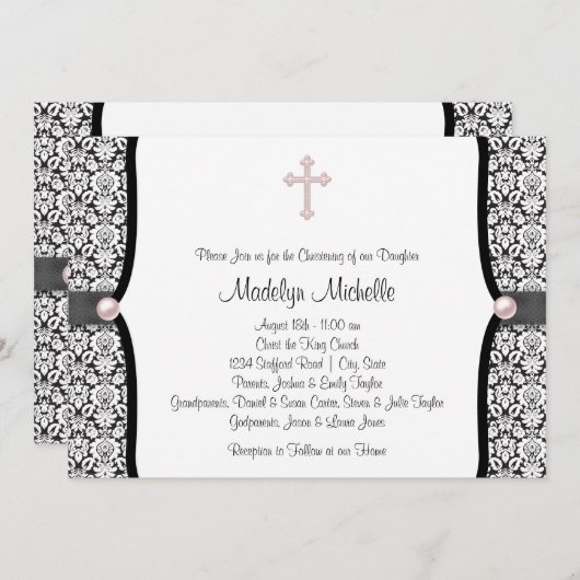 Pearl Cross Pink Black Damask Christening Kaart (Voorkant / Achterkant)