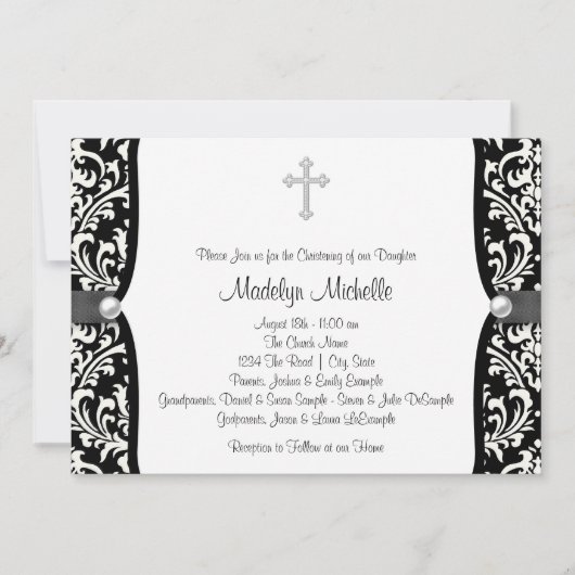 Pearl Cross White en Black Damask Christening Kaart (Voorkant)