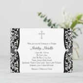 Pearl Cross White en Black Damask Christening Kaart (Staand voorkant)