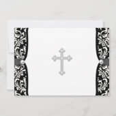 Pearl Cross White en Black Damask Christening Kaart (Achterkant)