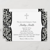 Pearl Cross White en Black Damask Christening Kaart (Voorkant / Achterkant)