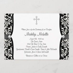 Pearl Cross White en Black Damask Christening Kaart