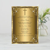 Pearl Damask & Cross Gold Baptisme Kaart (Staand voorkant)