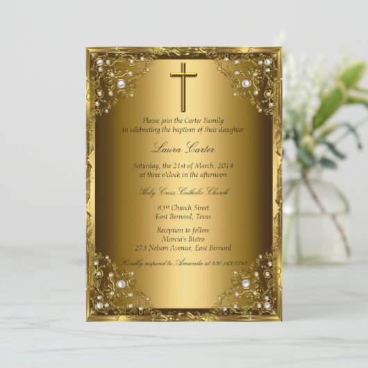 Pearl Damask & Cross Gold Baptisme Kaart (Staand voorkant)