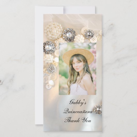 Pearl Diamond Buttonnen Quineañera Hartelijk dank Bedankkaart (Voorkant)