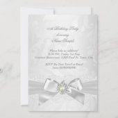 Pearl Diamond Lace White Bow Damask Silver Party Kaart (Achterkant)