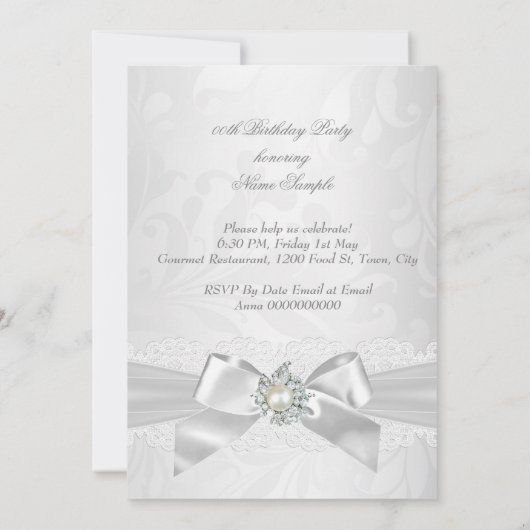 Pearl Diamond Lace White Bow Damask Silver Party Kaart (Achterkant)