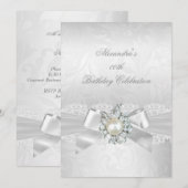 Pearl Diamond Lace White Bow Damask Silver Party Kaart (Voorkant / Achterkant)
