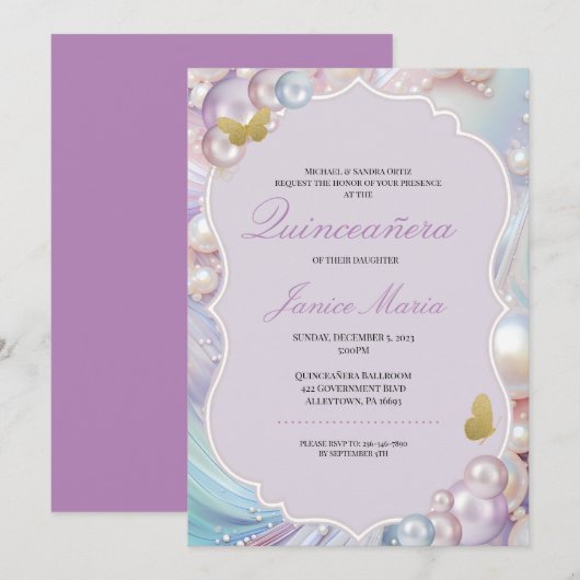 Pearl Dream roze paarse Quinceañera Kaart (Voorkant / Achterkant)