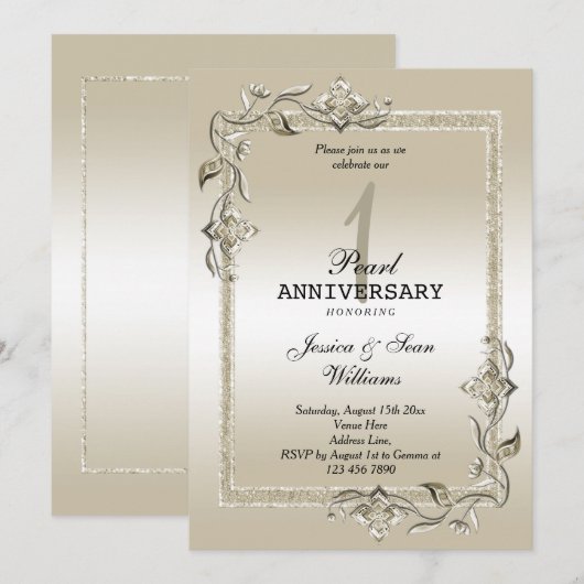 Pearl Gem en Glitter 1st Wedding Jubileum Kaart (Voorkant / Achterkant)