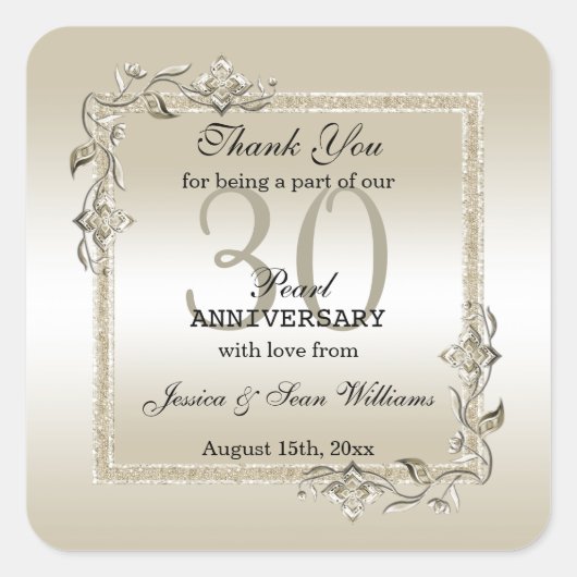 Pearl Gem en Glitter 30th Wedding Jubileum Vierkante Sticker (Voorkant)