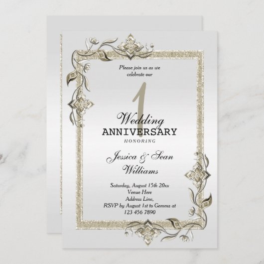 Pearl Gem & Glitter & Platinum 1ste bruiloft Kaart (Voorkant / Achterkant)