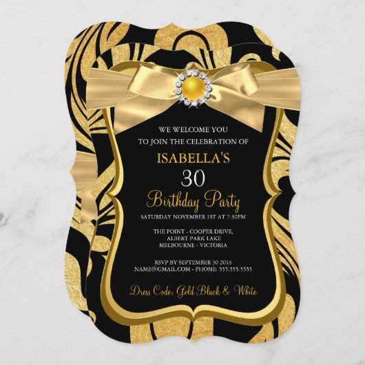 Pearl Gold Bow Black Damask Birthday Invite Kaart (Voorkant / Achterkant)