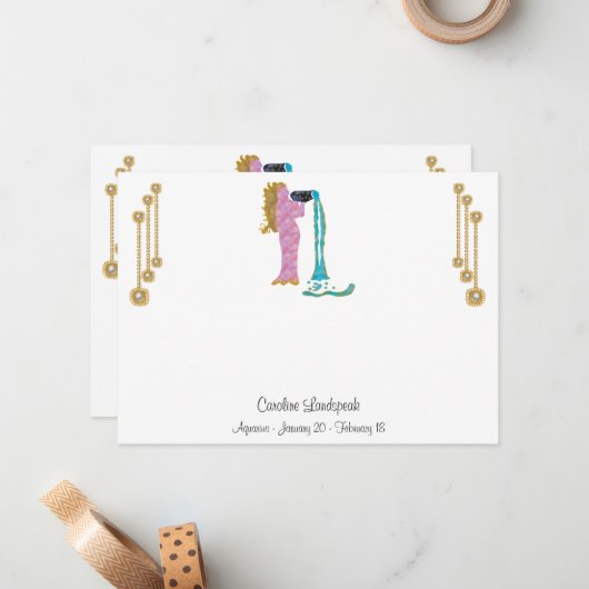 Pearl & Gold Jewels met Aquarius Zodiac Sign Notitiekaartje (Voorkant / Achterkant in situ)