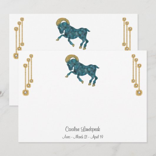 Pearl & Gold Jewels met Aries Zodiac Sign Notitiekaartje (Voorkant / Achterkant)