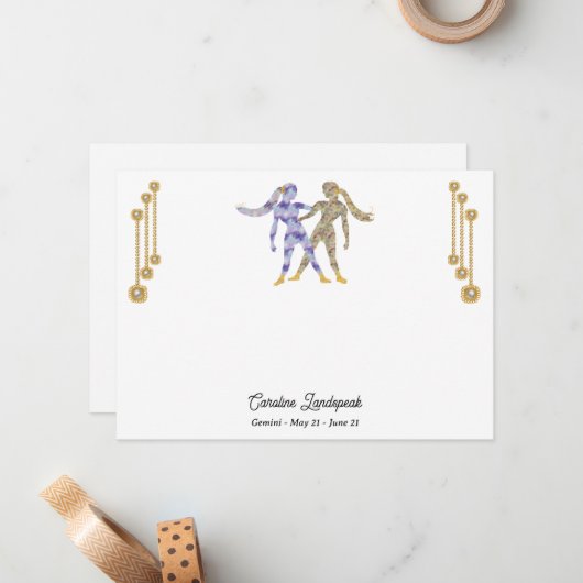 Pearl & Gold Jewels met Gemini Zodiac Sign Notitiekaartje (Voorkant / Achterkant in situ)