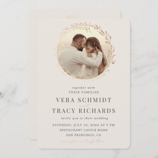Pearl & Gold Leaf All in One Rsvp Photo Weddenscha Kaart (Voorkant / Achterkant)