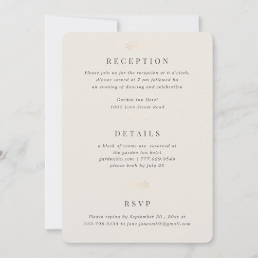 Pearl & Gold Leaf All in One Rsvp Photo Weddenscha Kaart (Achterkant)