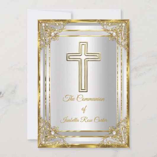 Pearl Gold White Cross-Heilige Communie Kaart (Voorkant)