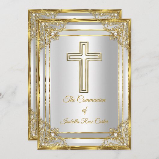 Pearl Gold White Cross-Heilige Communie Kaart (Voorkant / Achterkant)