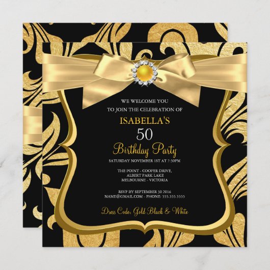 Pearl Gold Yellow Bow Black Damask Birthday Invite Kaart (Voorkant / Achterkant)