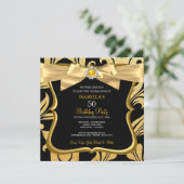 Pearl Gold Yellow Bow Black Damask Birthday Invite Kaart (Staand voorkant)