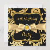 Pearl Gold Yellow Bow Black Damask Birthday Invite Kaart (Achterkant)