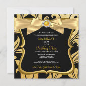 Pearl Gold Yellow Bow Black Damask Birthday Invite Kaart (Voorkant)
