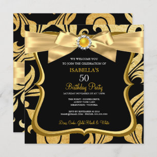 Pearl Gold Yellow Bow Black Damask Birthday Invite Kaart