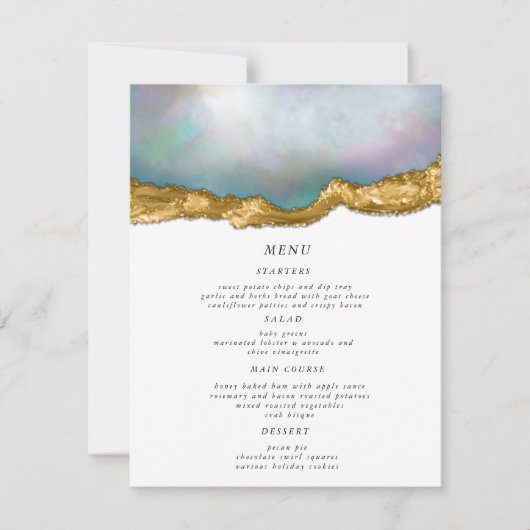 Pearl Golden Agaat Geode Bruiloft Diner Menu Kaart (Voorkant)