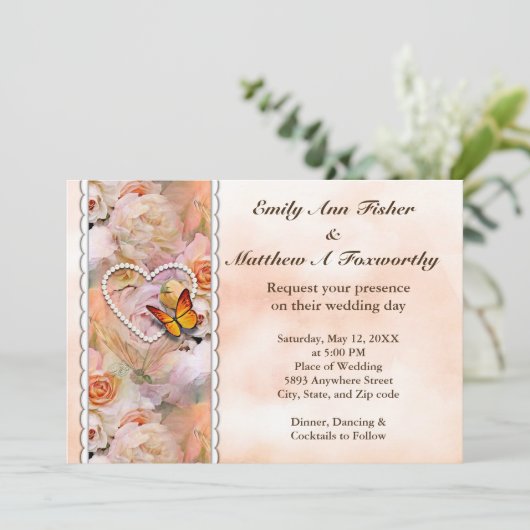 Pearl Hart Sinaasappel Rozen & Vlinders Bruiloft Kaart (Staand voorkant)