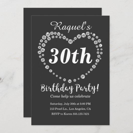 Pearl Heart Elegant Verjaardagsfeest Uitnodiging (Voorkant / Achterkant)