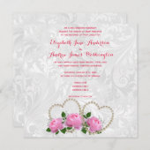Pearl Hearts en Rozen Damask Wedding Kaart (Voorkant / Achterkant)