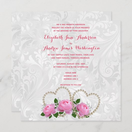 Pearl Hearts en Rozen Damask Wedding Kaart (Voorkant / Achterkant)