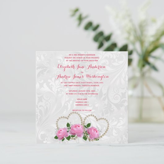 Pearl Hearts en Rozen Damask Wedding Kaart (Staand voorkant)
