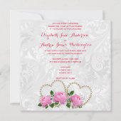 Pearl Hearts en Rozen Damask Wedding Kaart (Voorkant)