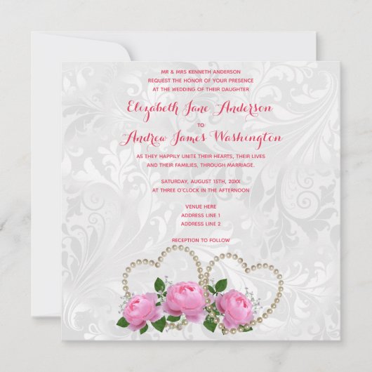 Pearl Hearts en Rozen Damask Wedding Kaart (Voorkant)