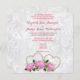 Pearl Hearts en Rozen Damask Wedding Kaart
